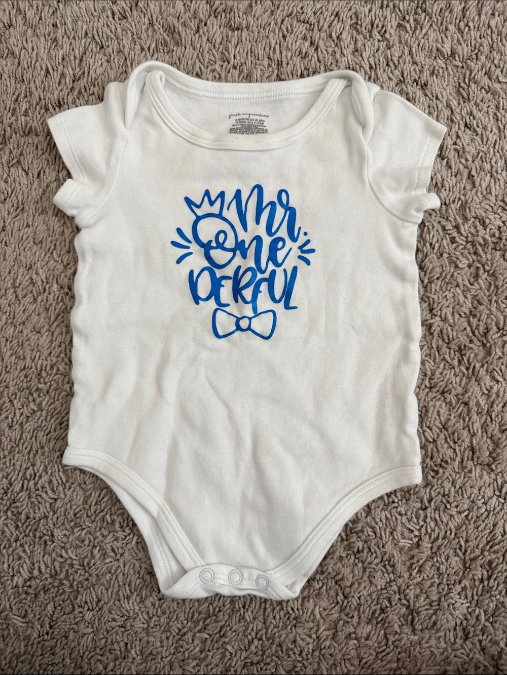 First Impressions White One-Piece with Blue "Mr. One-derful" Graphic